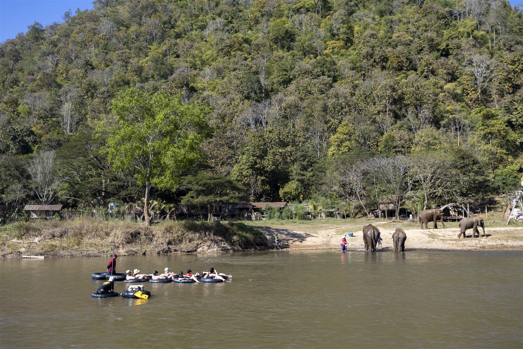 River tubing past elephants on the Mae Taeng River in Chiang Mai