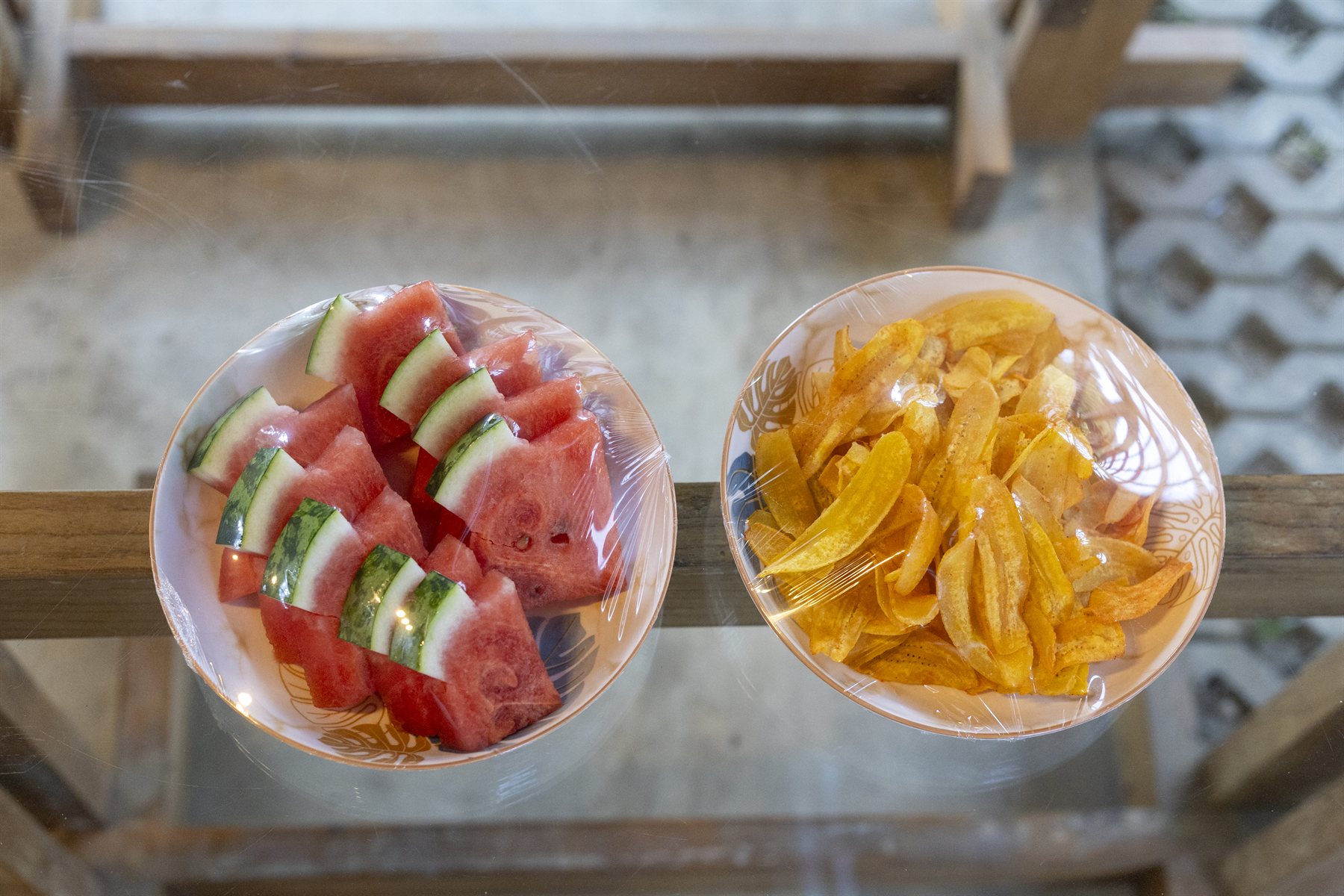Fresh watermelon and banana chips served after river tubing