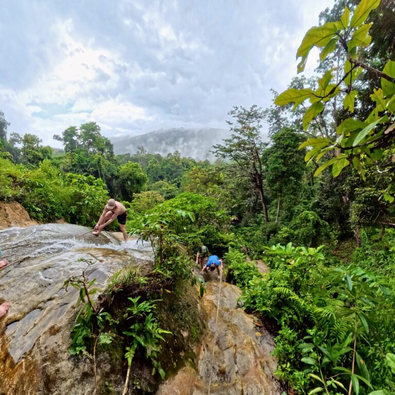 Guests climbing the limestone rocks of Bua Tong Sticky Waterfall with a rope