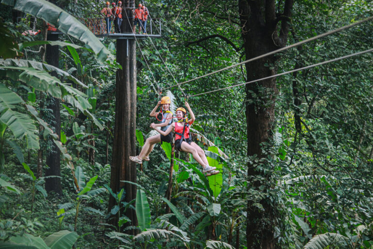 Two guests riding a tandem zipline through the jungle in Chiang Mai