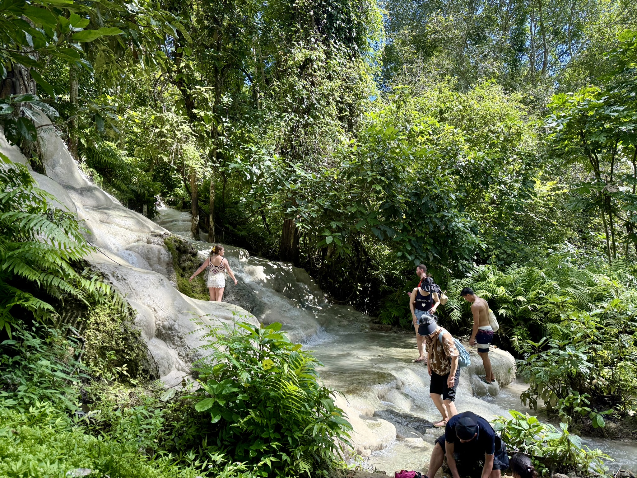 The white limestone cascade of Bua Tong Sticky Waterfall with visitors standing in the shallow water